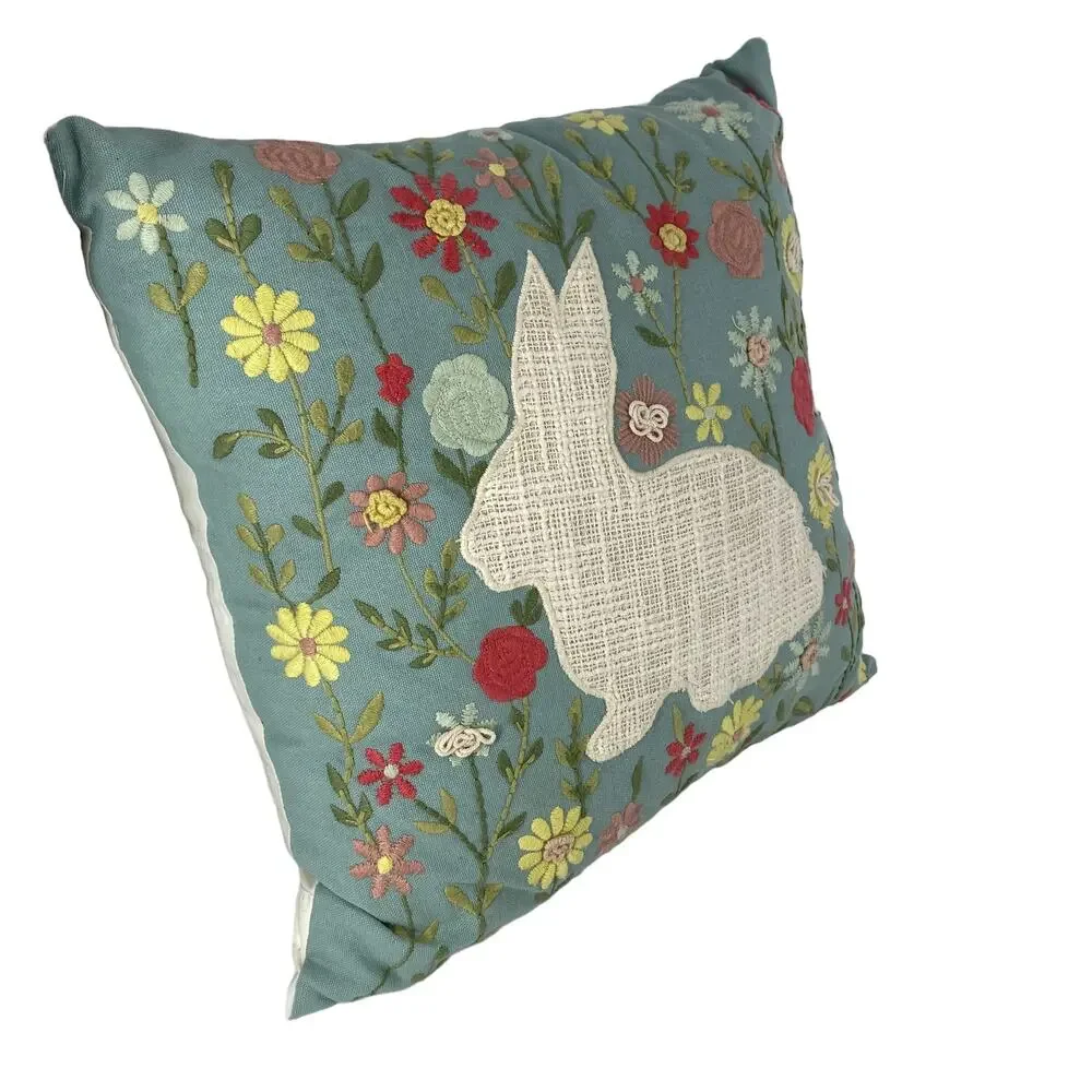 PIER 1 Embroidered Bunny Rabbit Pillow Zip Off Cover Easter Spring Decor